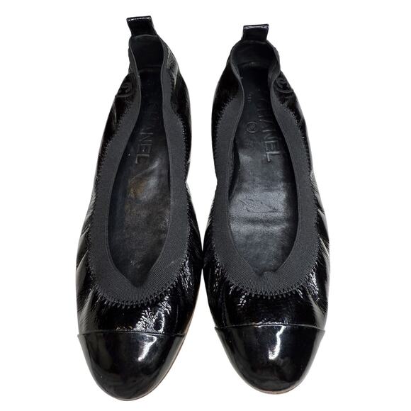 Chanel Black Patent Leather Ballet Flats – Size 36 – Cap Toe with CC Logo - Picture 1 of 8